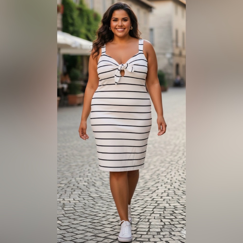 🆕 Forever 21 - Black and White Striped Dress with Knot Keyhole Opening